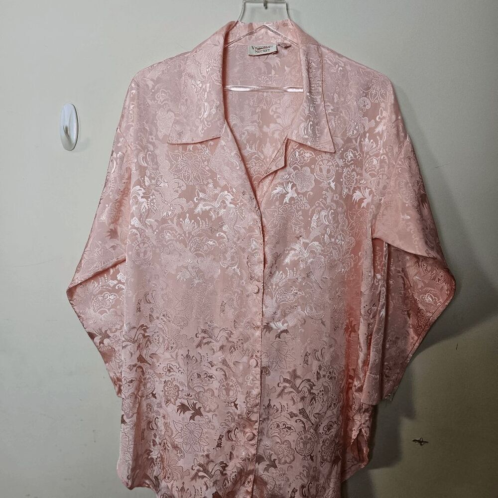 Victoria's Secret Vintage Brocade Button Down Sleep Shirt Womens Pink Satin Flor